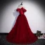 Charming Burgundy Cascading Ruffles Prom Dresses 2022 A-Line / Princess Bow Off-The-Shoulder Short Sleeve Backless Floor-Length / Long Formal Dresses