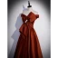 Elegant Coffee Satin Prom Dresses 2022 A-Line / Princess Off-The-Shoulder Bow Short Sleeve Backless Floor-Length / Long Formal Dresses