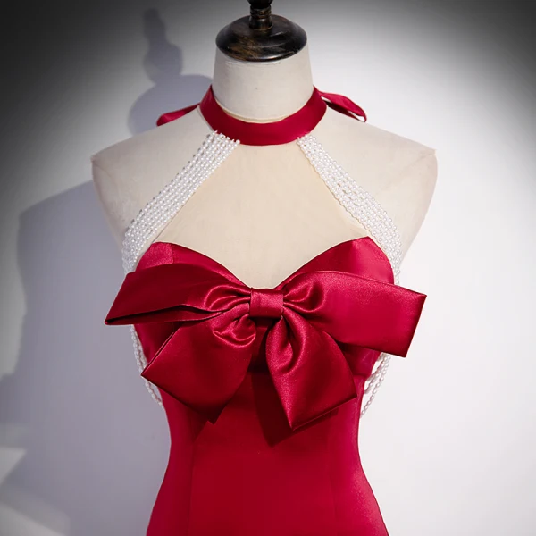 Sexy Burgundy Beading Pearl Evening Dresses 2022 Trumpet / Mermaid Satin Halter Bow Sleeveless Backless Floor-Length / Long Formal Dresses