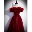 Chic / Beautiful Burgundy Pierced Prom Dresses 2022 A-Line / Princess Ruffle Off-The-Shoulder Short Sleeve Pearl Sash Backless Floor-Length / Long Formal Dresses