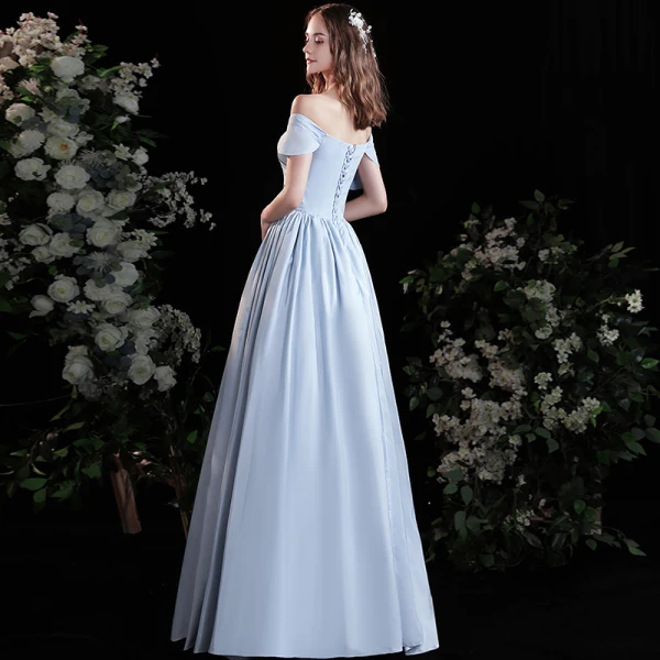 Chic / Beautiful Sky Blue Satin Prom Dresses 2021 A-Line / Princess Off-The-Shoulder Short Sleeve Backless Floor-Length / Long Prom Formal Dresses