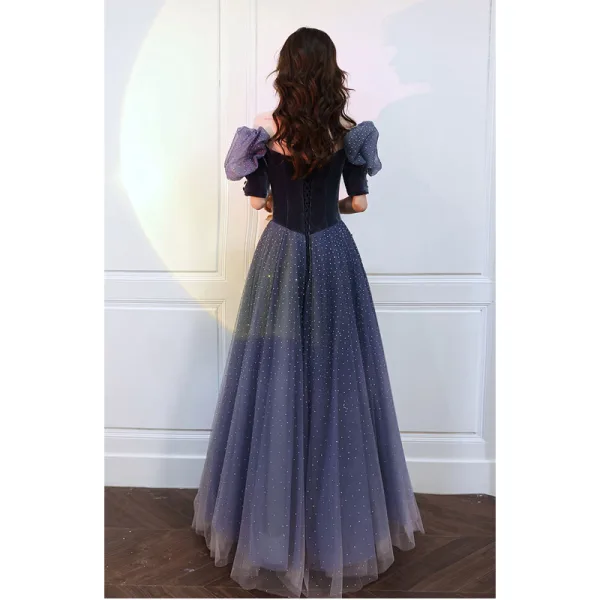 Fashion Navy Blue Suede Rhinestone Prom Dresses 2022 A-Line / Princess Scoop Neck Short Sleeve Backless Floor-Length / Long Formal Dresses