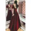 Elegant Burgundy Suede Prom Dresses 2022 A-Line / Princess Square Neckline Lace Flower Puffy Short Sleeve Backless Floor-Length / Long Prom Dresses