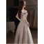 Charming Silver Prom Dresses 2022 A-Line / Princess Off-The-Shoulder Short Sleeve Backless Floor-Length / Long Formal Dresses
