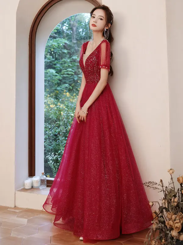 Sparkly Burgundy Glitter Prom Dresses 2022 A-Line / Princess V-Neck Short Sleeve Backless Rhinestone Floor-Length / Long Formal Dresses