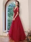 Sparkly Burgundy Glitter Prom Dresses 2022 A-Line / Princess V-Neck Short Sleeve Backless Rhinestone Floor-Length / Long Formal Dresses