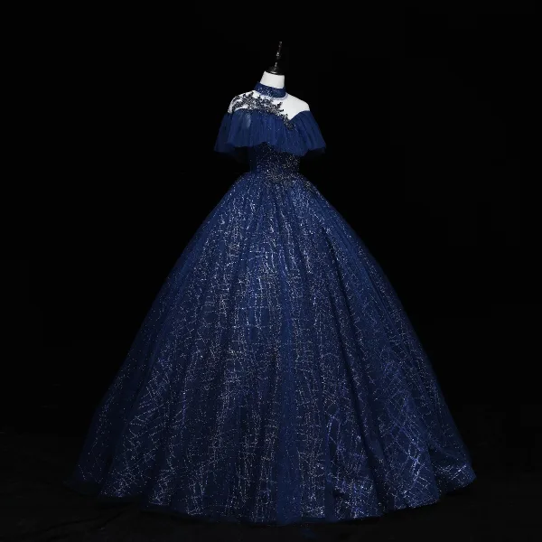 Vintage / Retro Navy Blue Prom Dresses 2022 Ball Gown High Neck Glitter Beading Sequins Lace Flower Short Sleeve Backless Floor-Length / Long Formal Dresses