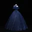 Vintage / Retro Navy Blue Prom Dresses 2022 Ball Gown High Neck Glitter Beading Sequins Lace Flower Short Sleeve Backless Floor-Length / Long Formal Dresses