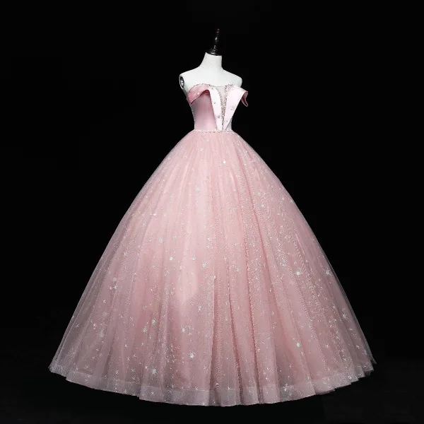 Elegante Pink Ballkleider 2022 Bandeau Perlenstickerei Perle Pailletten Ärmellos Rückenfreies Lange Festliche Kleider