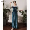 Modest / Simple Ink Blue Suede Bridesmaid Dresses 2022 A-Line / Princess V-Neck Short Sleeve Backless Floor-Length / Long Wedding Party Dresses