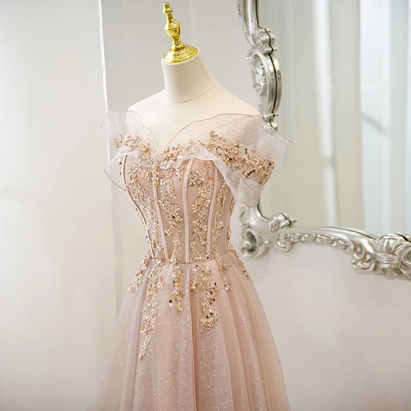 Charmant Rougissant Rose Perlage Paillettes En Dentelle Fleur Robe De Bal 2022 Princesse De l'épaule Manches Courtes Dos Nu Longue Robe De Ceremonie