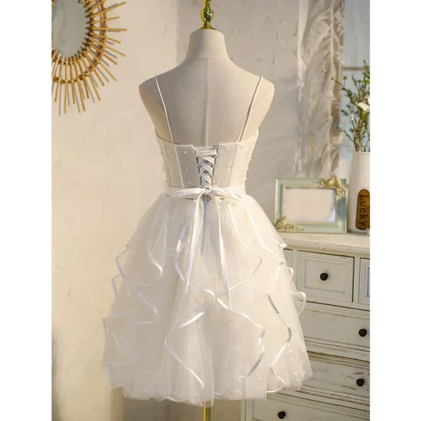 Sexy Champagne Pearl Cascading Ruffles Birthday Party Dresses 2022 A-Line / Princess Spaghetti Straps Sleeveless Backless Floor-Length / Long Formal Dresses