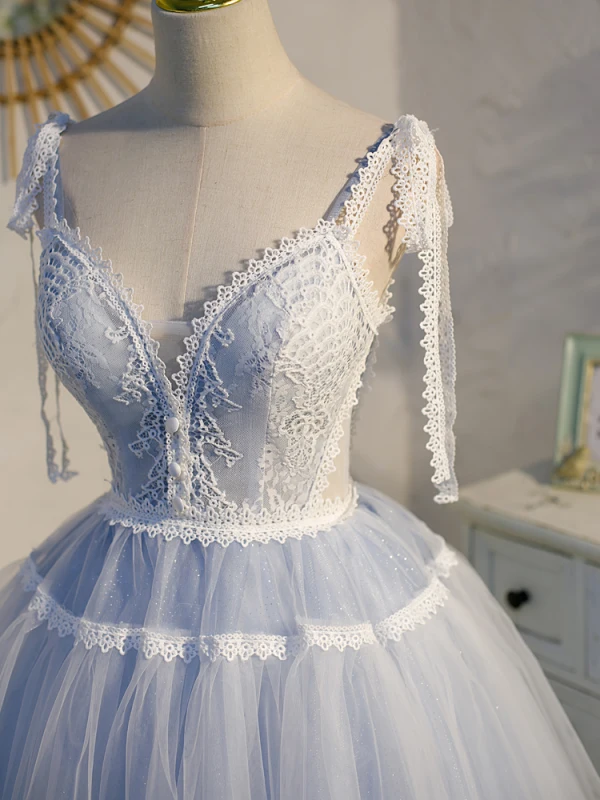 Sexy Bleu Ciel En Dentelle Fleur Anniversaire Robe De Fête 2022 Princesse Bretelles Spaghetti Sans Manches Dos Nu Noeud Longue Robe De Ceremonie