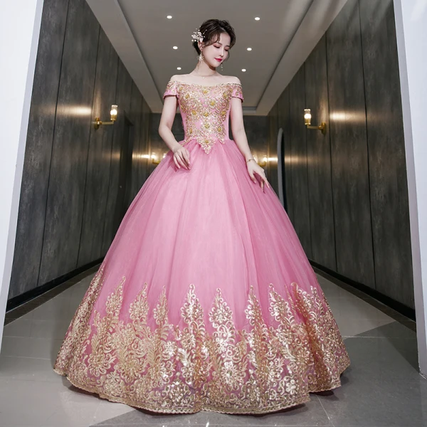 Chic / Belle Ethnique Rose Bonbon Robe De Bal 2022 Robe Boule De l'épaule Perlage Perle Paillettes En Dentelle Fleur Manches Courtes Dos Nu Longue Robe De Ceremonie