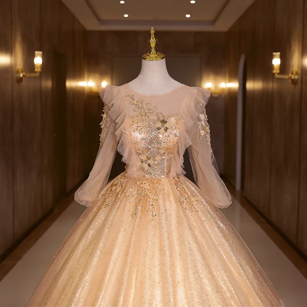 Charmant Champagne Perlage Perle Paillettes En Dentelle Fleur Robe De Bal 2022 Robe Boule Encolure Dégagée Manches Longues Dos Nu Longue Robe De Ceremonie