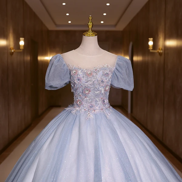 Elegant Sky Blue Lace Flower Prom Dresses 2022 Ball Gown Scoop Neck Beading Pearl Sequins Rhinestone Puffy Short Sleeve Backless Floor-Length / Long Formal Dresses