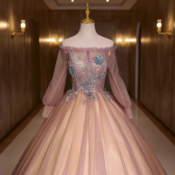 Elegant Purple Pearl Sequins Lace Flower Prom Dresses 2022 Ball Gown Off-The-Shoulder Long Sleeve Floor-Length / Long Formal Dresses