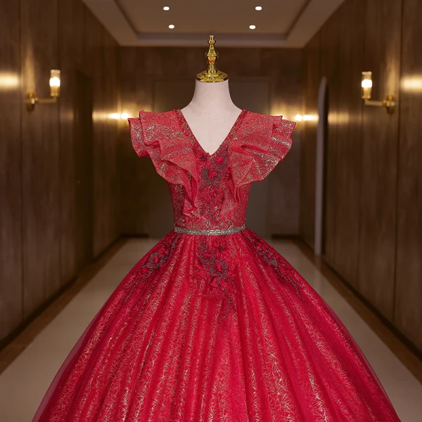 Chic / Beautiful Burgundy Glitter Sequins Prom Dresses Ball Gown 2022 V-Neck Rhinestone Short Sleeve Backless Floor-Length / Long Formal Dresses