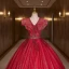 Chic / Beautiful Burgundy Glitter Sequins Prom Dresses Ball Gown 2022 V-Neck Rhinestone Short Sleeve Backless Floor-Length / Long Formal Dresses