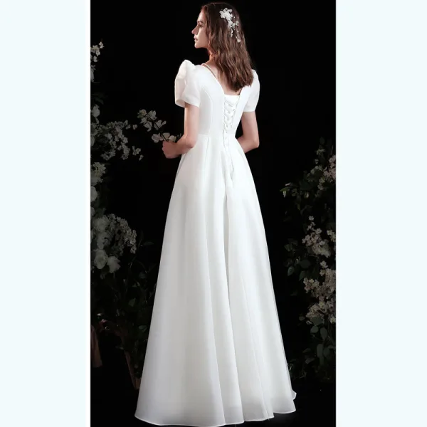 Chic / Beautiful Ivory Satin Prom Dresses 2021 A-Line / Princess Square Neckline Short Sleeve Backless Floor-Length / Long Prom Formal Dresses