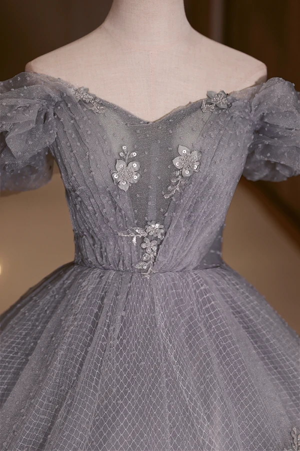Élégant Gris Paillettes Robe De Bal 2022 Princesse De l'épaule Appliques Gonflée Manches Courtes Dos Nu Longue Robe De Ceremonie