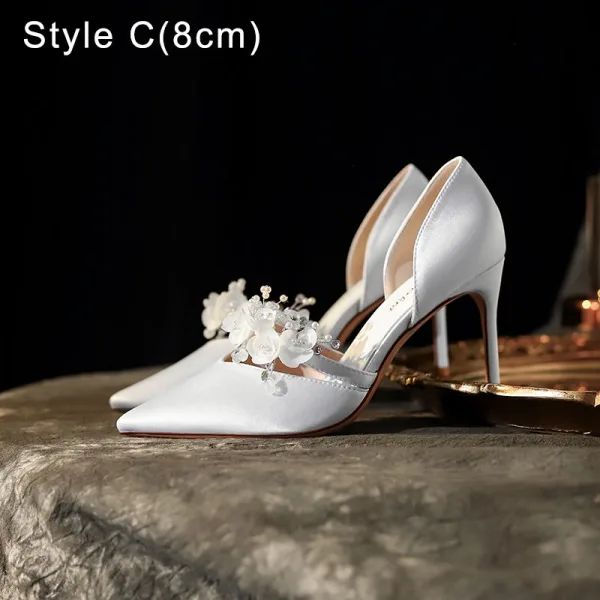 Charming White Pearl Appliques Wedding Shoes 2022 Leather 12 cm Stiletto Heels Pointed Toe Wedding Shoes High Heels