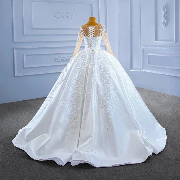 High-end White Beading Pearl Lace Flower Wedding Dresses 2022 Ball Gown Scoop Neck Long Sleeve Court Train Wedding