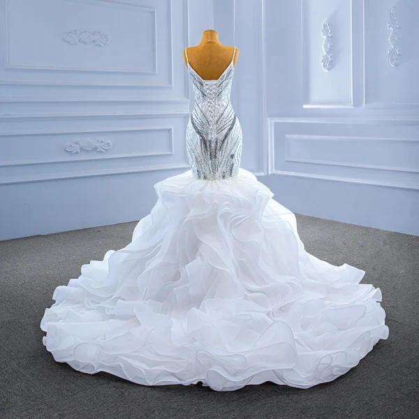 Luxury / Gorgeous High-end White Cascading Ruffles Beading Pearl Rhinestone Sequins Wedding Dresses 2022 Trumpet / Mermaid Spaghetti Straps Sleeveless Backless Court Train