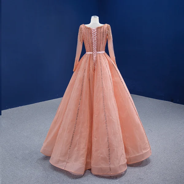 High End Pink Ballkleider 2022 A Linie Eckiger Ausschnitt Perlenstickerei Strass Pailletten Lange Ärmel Rückenfreies Lange Festliche Kleider