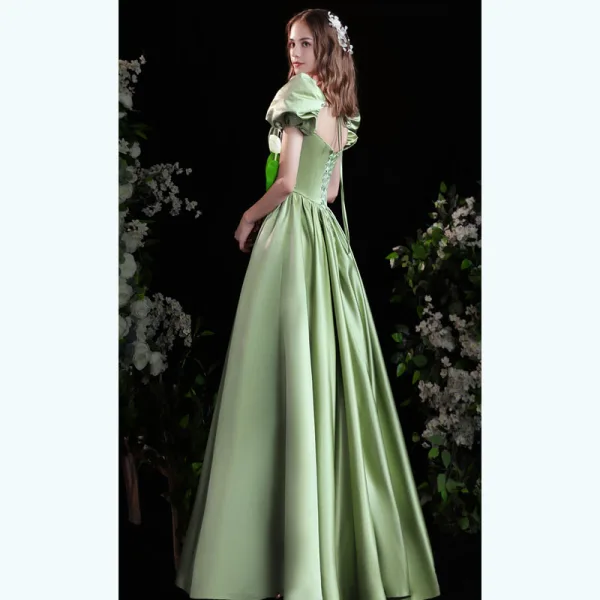 Elegant Sage Green Satin Prom Dresses 2021 A-Line / Princess Square Neckline Puffy Short Sleeve Backless Bow Floor-Length / Long Formal Dresses