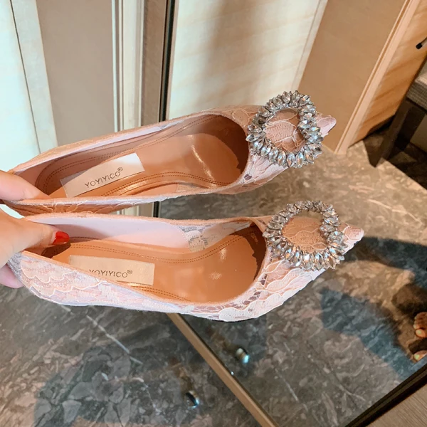 Charming Nude Rhinestone Lace Flower Evening Party Pumps 2022 8 cm Stiletto Heels Pointed Toe Pumps High Heels