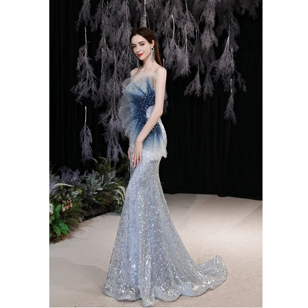 Scintillantes Sexy Bleu Ciel Paillettes Robe De Soirée 2022 Trompette / Sirène Bustier Perlage Faux Diamant Sans Manches Dos Nu Train De Balayage Robe De Ceremonie