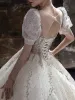 Luxury / Gorgeous White Beading Rhinestone Sequins Lace Flower Wedding Dresses 2022 Ball Gown Scoop Neck Short Sleeve Backless Royal Train Wedding