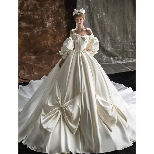 High-end Ivory Bow Satin Wedding Dresses 2022 Ball Gown Off-The-Shoulder Puffy Long Sleeve Backless Royal Train Wedding