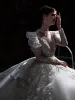 Luxury / Gorgeous Glitter Sequins Beading Pearl Lace Flower Ivory Wedding Dresses 2022 Ball Gown Scoop Neck Puffy Short Sleeve Sash Satin Bow Royal Train Wedding