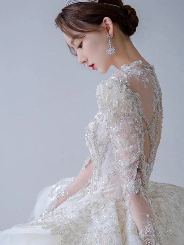 Luxury / Gorgeous White Beading Cascading Ruffles Wedding Dresses 2022 Ball Gown Scoop Neck Pearl Rhinestone Sequins Lace Flower Short Sleeve Backless Royal Train Wedding