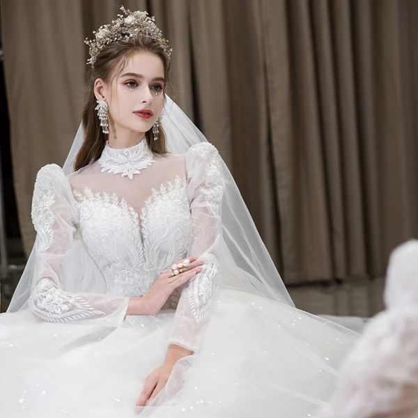 Elegant White Sequins Lace Flower Wedding Dresses 2022 Ball Gown High Neck Long Sleeve Backless Floor-Length / Long Wedding