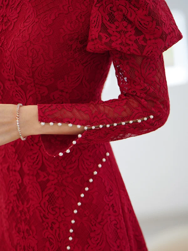 Chic / Beautiful Burgundy Lace Flower Cheongsam Evening Dresses 2022 Trumpet / Mermaid High Neck Beading Pearl Long Sleeve Backless Court Train Evening Party Formal Dresses