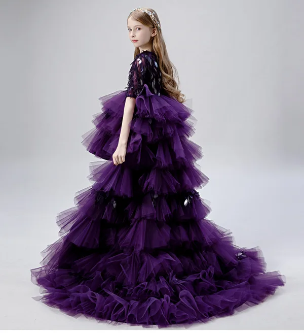 Fashion Purple Pleated Sequins Birthday Flower Girl Dresses 2022 Ball Gown Scoop Neck 1/2 Sleeves Asymmetrical Evening Party Flower Girl Dresses
