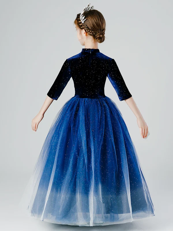 Elegant Navy Blue Gradient-Color Sequins Flower Girl Dresses 2022 Ball Gown Scoop Neck 3/4 Sleeve Floor-Length / Long Birthday Flower Girl Dresses