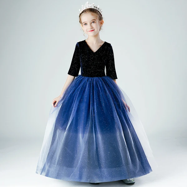 Elegant Navy Blue Gradient-Color Sequins Flower Girl Dresses 2022 Ball Gown V-Neck 1/2 Sleeves Floor-Length / Long Birthday Flower Girl Dresses