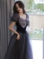 Elegant Purple Glitter Prom Dresses 2022 A-Line / Princess Square Neckline Puffy Short Sleeve Backless Bow Floor-Length / Long Formal Dresses