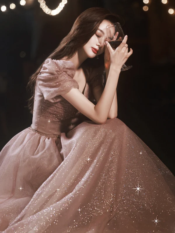 Charmant Rose Bonbon Glitter Faux Diamant Robe De Bal 2022 Princesse De l'épaule Manches Courtes Dos Nu Longue Robe De Ceremonie