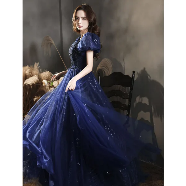Chic / Belle Bleu Roi Glitter Perlage Paillettes Faux Diamant Robe De Bal 2022 Princesse Encolure Carrée Manches Courtes Dos Nu Longue Robe De Ceremonie