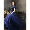 Chic / Beautiful Royal Blue Glitter Beading Sequins Rhinestone Prom Dresses 2022 A-Line / Princess Square Neckline Short Sleeve Backless Floor-Length / Long Formal Dresses