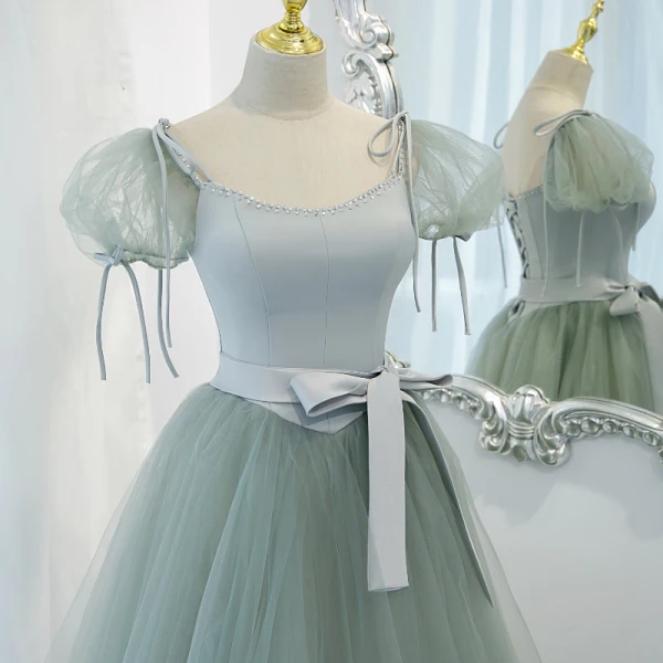 Mode Vert Citron Robe De Bal 2022 Robe Boule Encolure Carrée Gonflée Manches Courtes Dos Nu Noeud Ceinture Longue Robe De Ceremonie