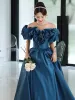 Elegant Ink Blue Satin Prom Dresses 2022 A-Line / Princess Ruffle Off-The-Shoulder Short Sleeve Backless Floor-Length / Long Formal Dresses