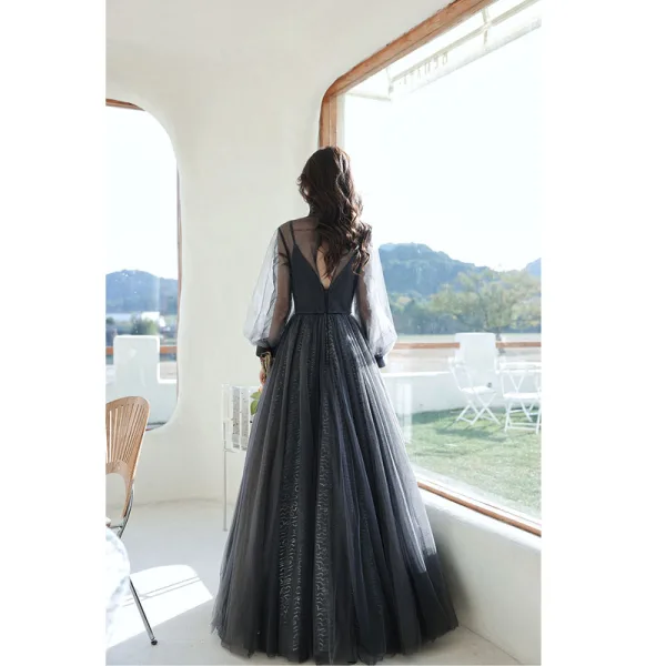 Chic / Belle Noire Perlage Faux Diamant Paillettes Robe De Bal 2022 Princesse Encolure Dégagée Manches Longues Dos Nu Longue Robe De Ceremonie