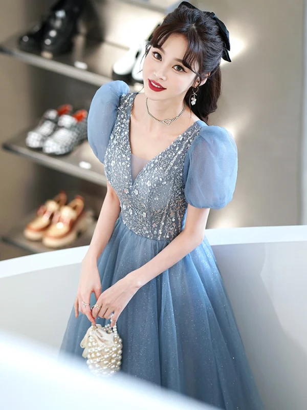 Chic / Beautiful Pool Blue Glitter Sequins Prom Dresses 2022 A-Line / Princess V-Neck Puffy Short Sleeve Backless Floor-Length / Long Formal Dresses