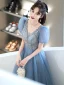 Chic / Beautiful Pool Blue Glitter Sequins Prom Dresses 2022 A-Line / Princess V-Neck Puffy Short Sleeve Backless Floor-Length / Long Formal Dresses